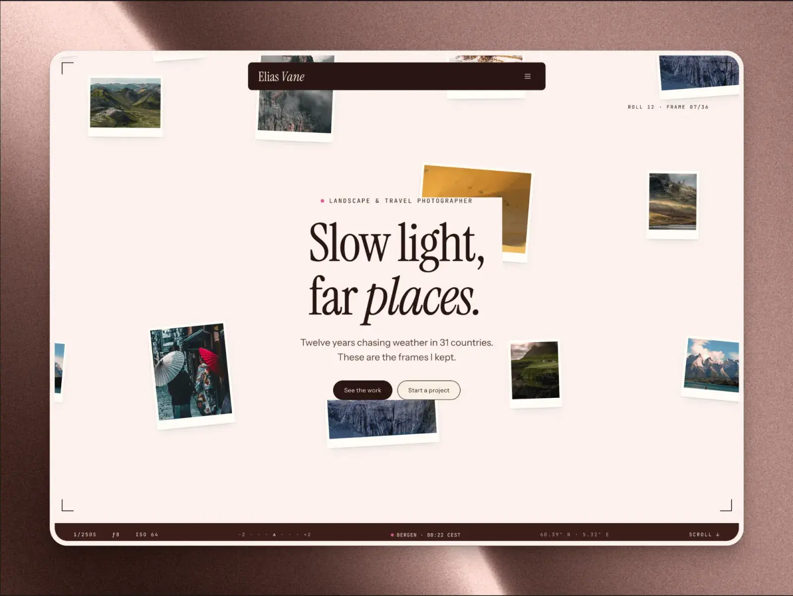The Elias Vane home page in a browser window: polaroids drifting around its headline, slow light, far places