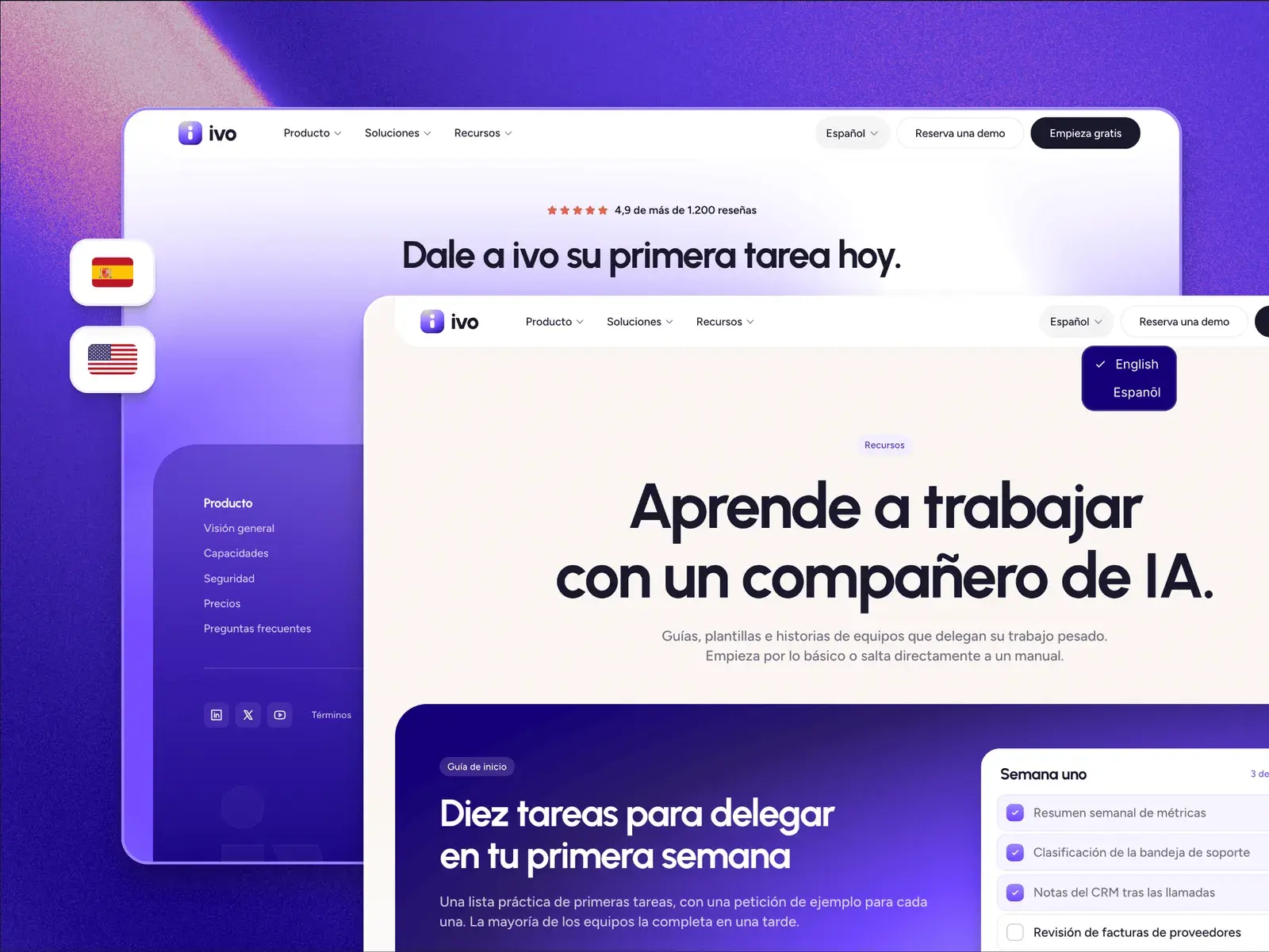 スペインとアメリカの国旗の横、2つのブラウザウィンドウに表示したスペイン語版のIvo：「Dale a ivo su primera tarea hoy」と、リソースページの「Aprende a trabajar con un compañero de IA」。言語メニューが開いています