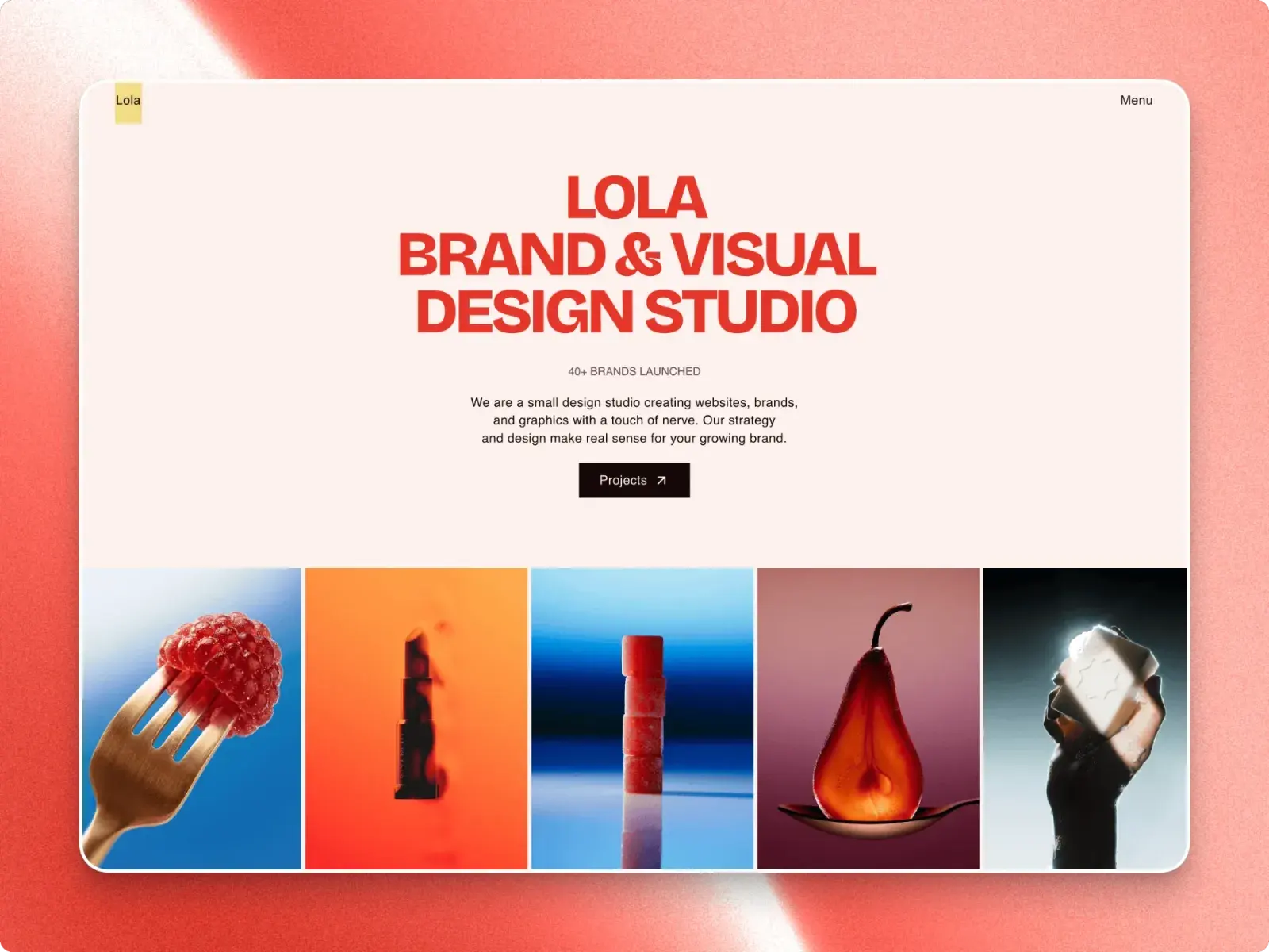 The Lola home page in a browser window: its name in red over a strip of five product photographs