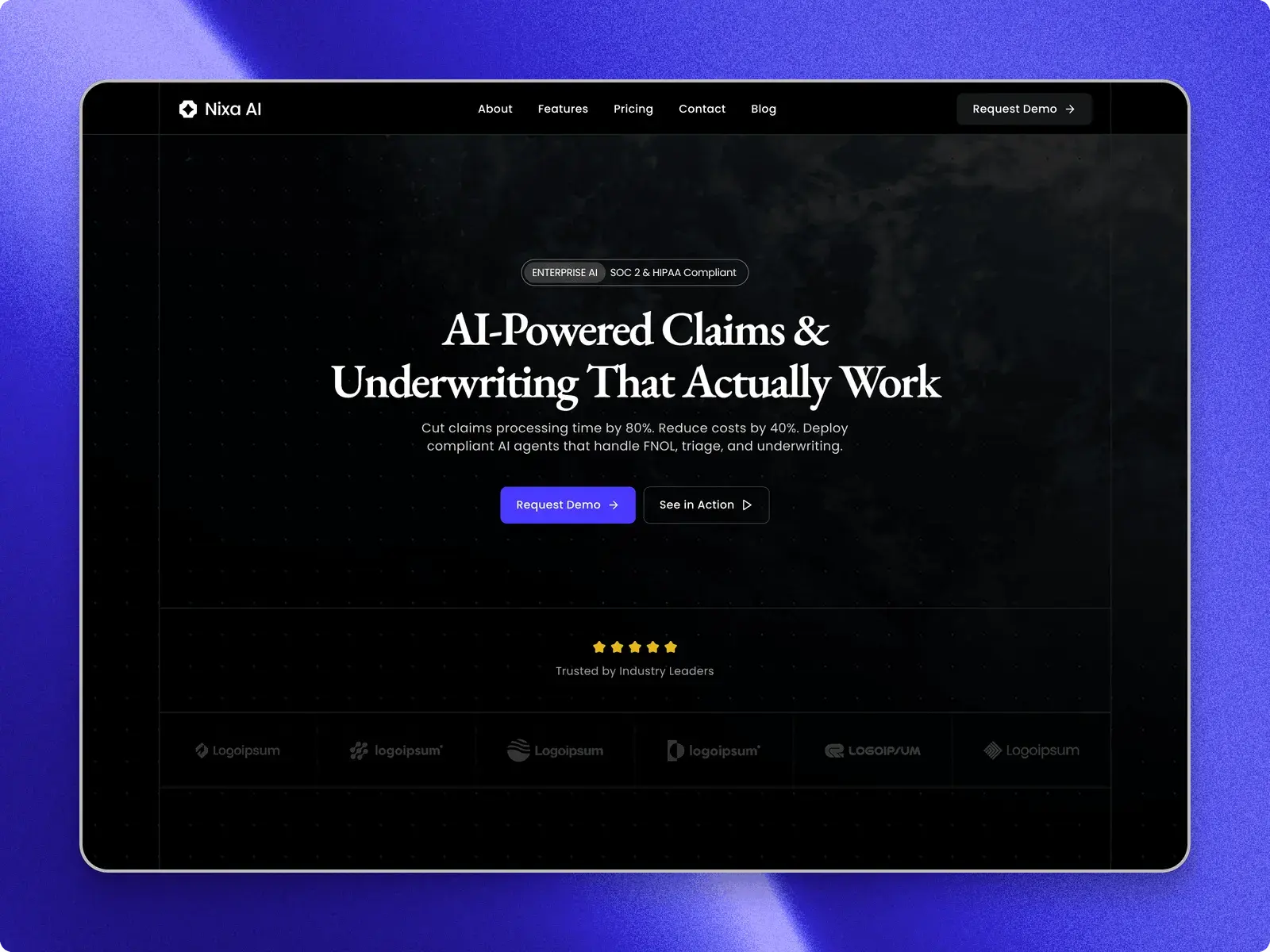 La página de inicio de Nixa en una ventana del navegador: «AI-powered claims and underwriting»