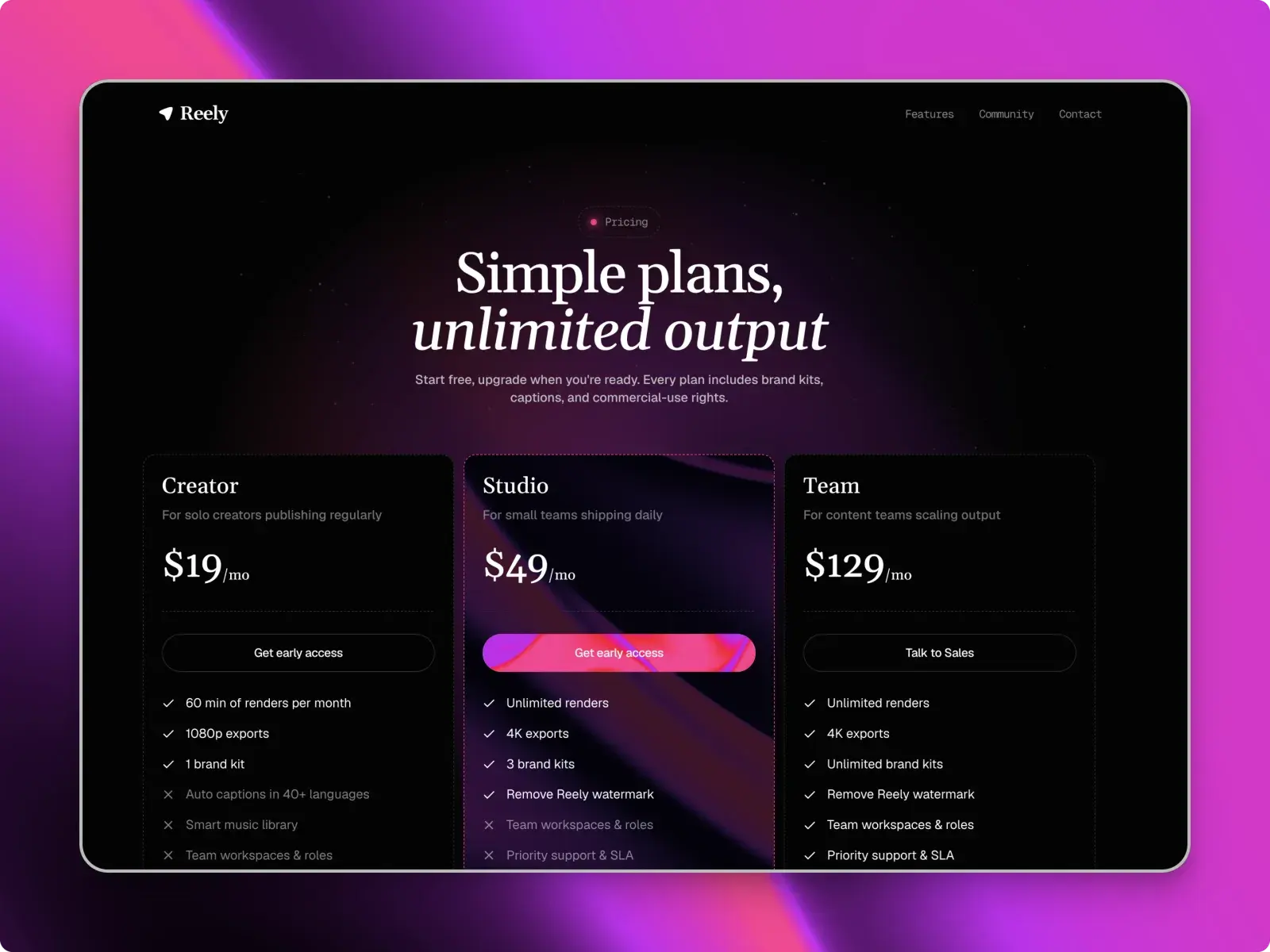 The Reely pricing page with three plans