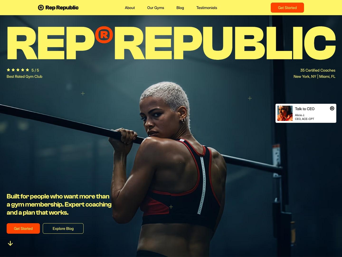 The Rep Republic home page at desktop width. A site for gyms, fitness studios and trainers, including chains with several locations.