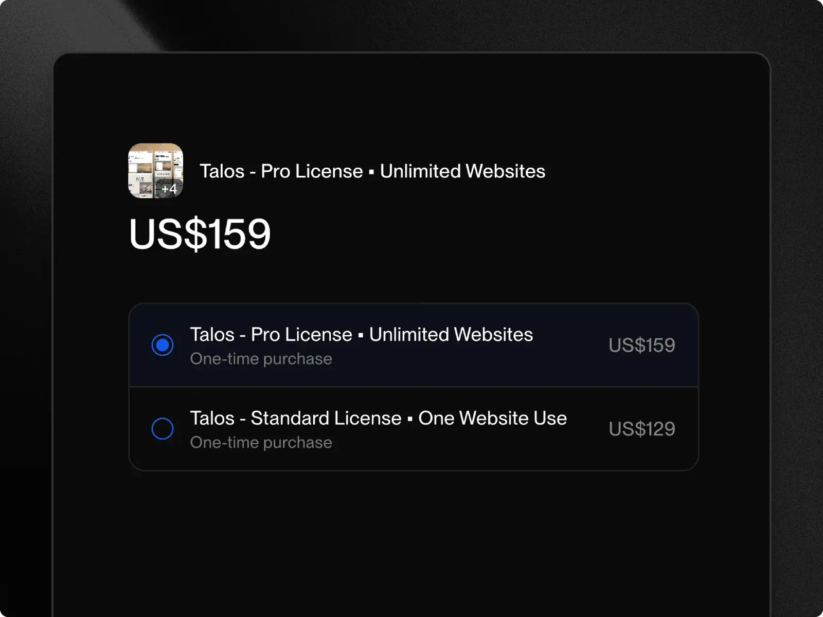 La página de pago de Polar para Talos, que ofrece la licencia Standard para un sitio web y la licencia Pro para sitios web ilimitados