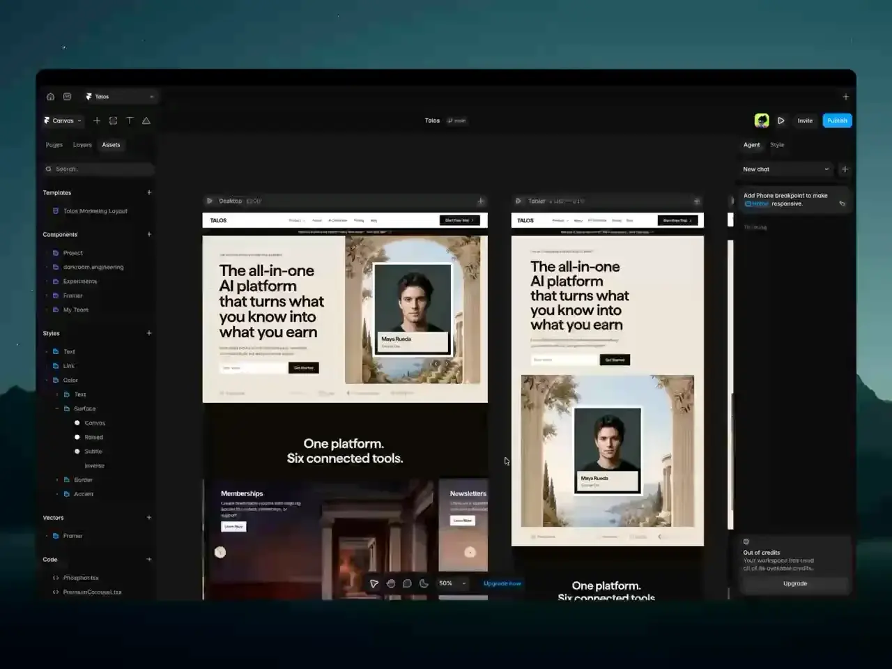 Talos abierta en Framer: el estilo de color del lienzo pasa de beige a dorado y luego a verde, después se reescribe el titular principal, y cada breakpoint se actualiza sobre la marcha