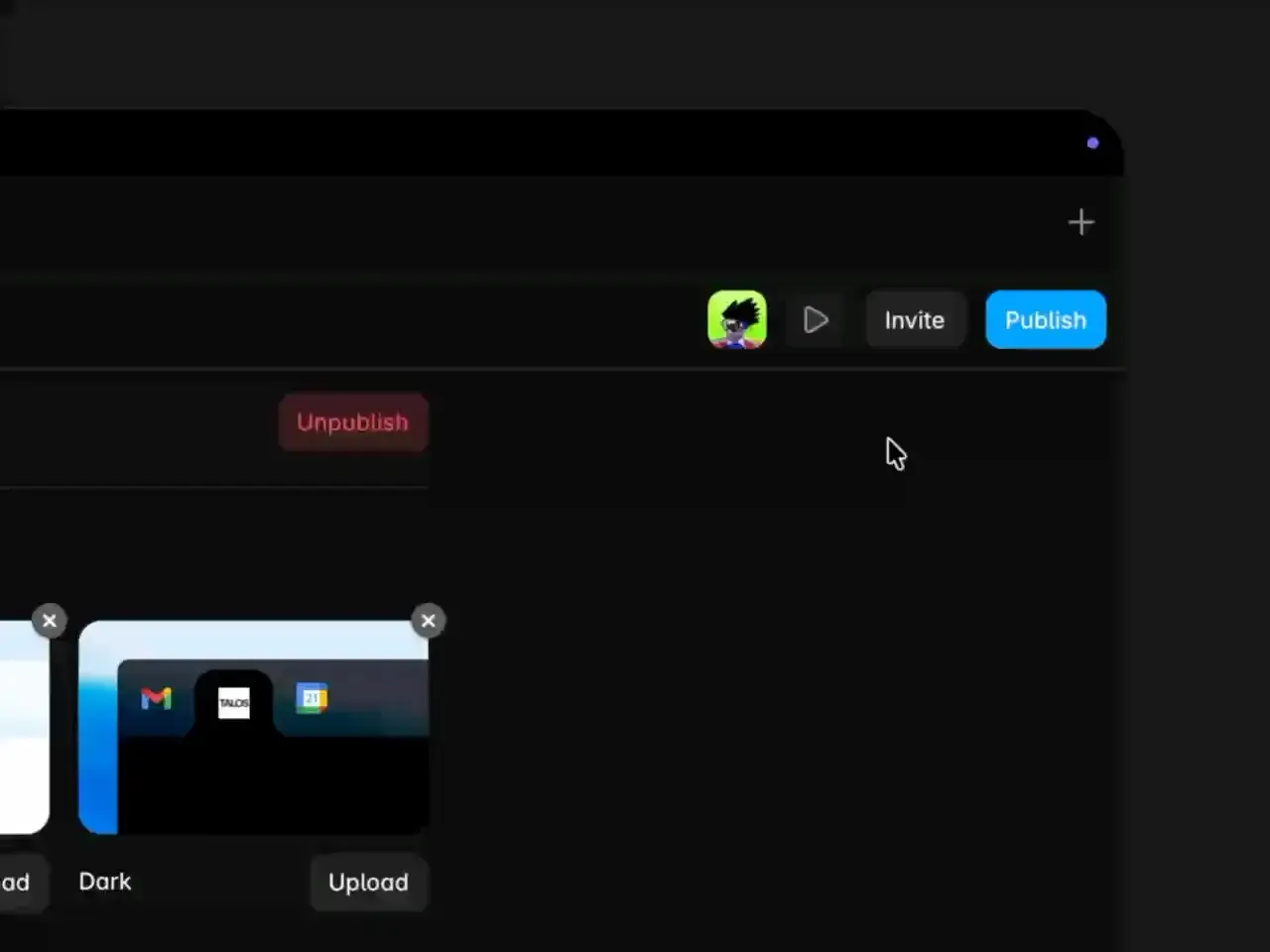 Talos se publica desde Framer: el botón «Publish» abre el panel de talos.framer.ai, y «Update» pone los cambios en línea