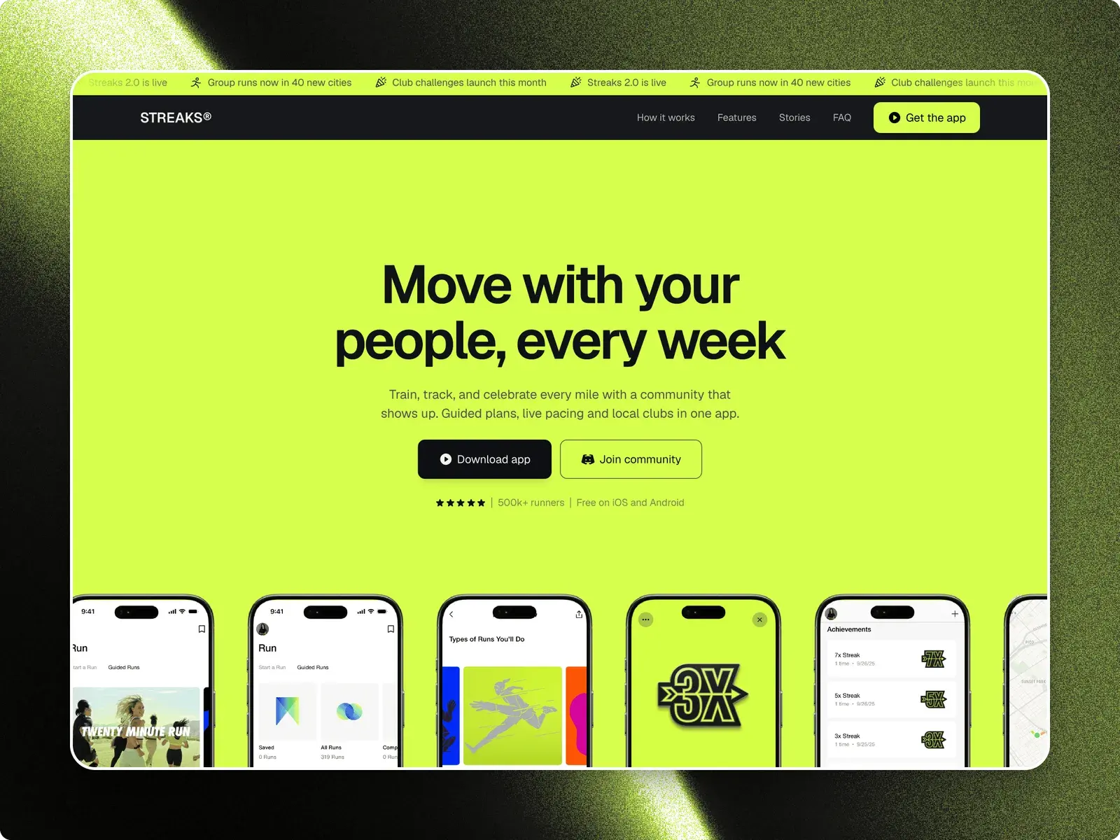 La página de inicio de Streaks en una ventana del navegador: «move with your people, every week»