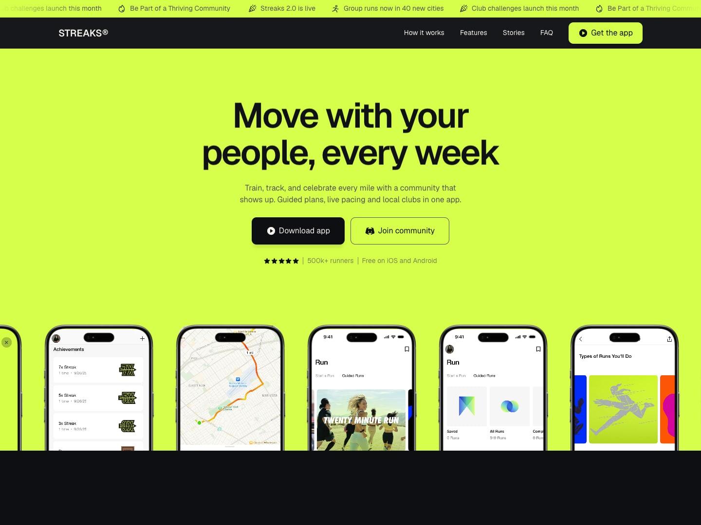 The Streaks home page at desktop width. A launch site for a mobile app, for the stretch between TestFlight and the App Store.