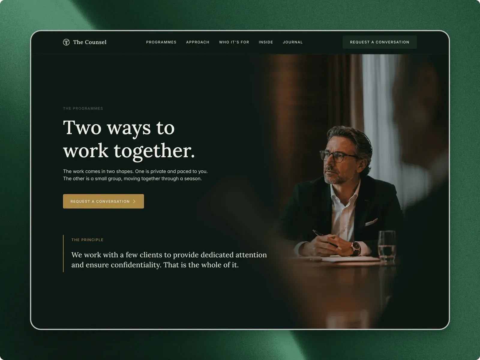 La página de inicio de The Counsel en una ventana del navegador: «two ways to work together»