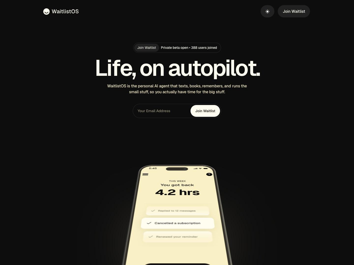 The WaitlistOS home page at desktop width. A one-page waitlist site for a product in early access.