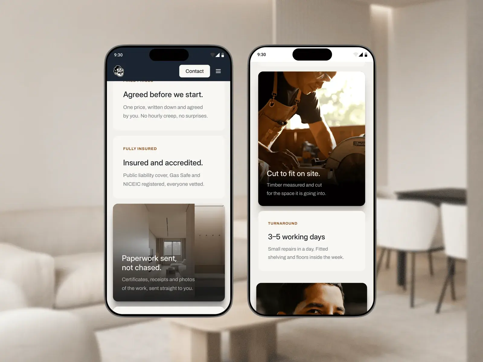 Bramley on two phones: the trust section and a service page