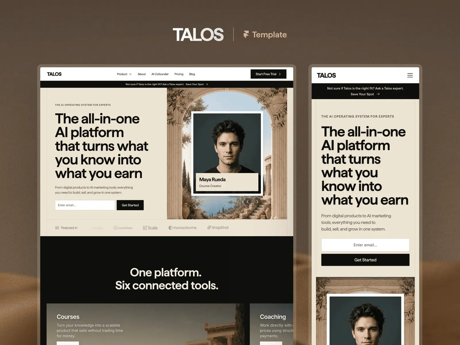 Talos home, product and about pages side by side on warm stone