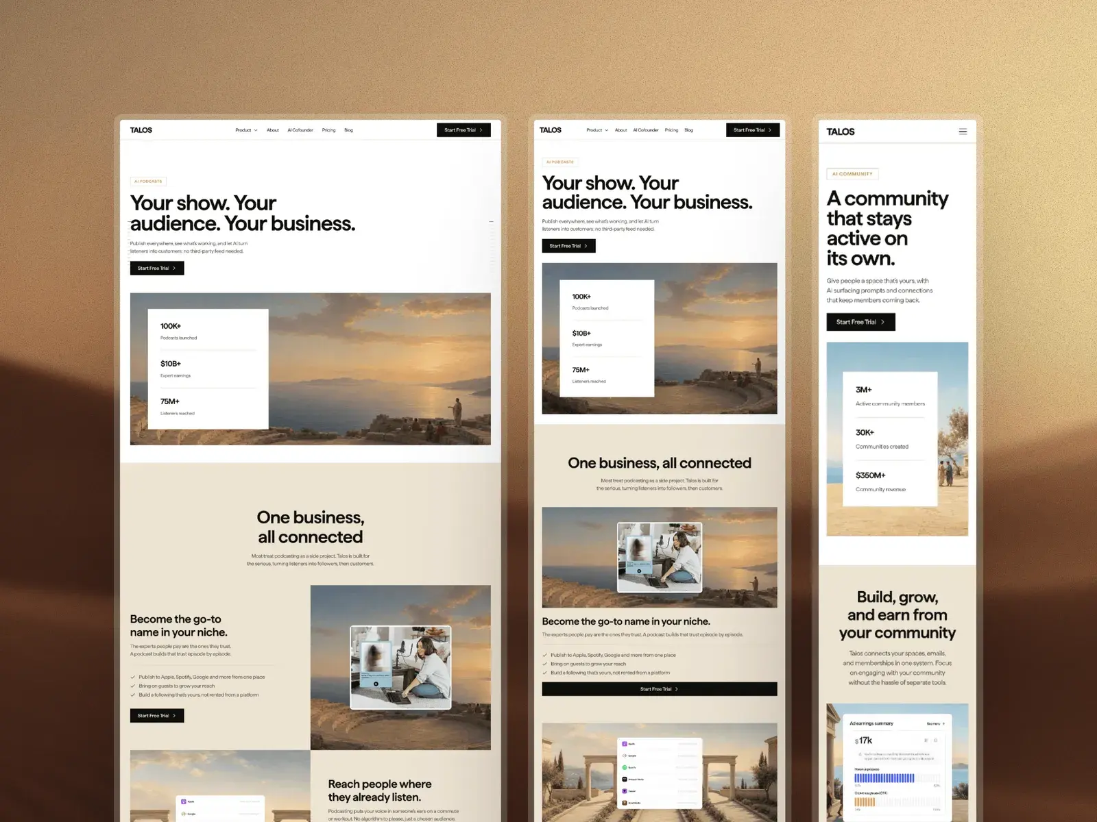 Three Talos pages at full length: home, a product page and the blog