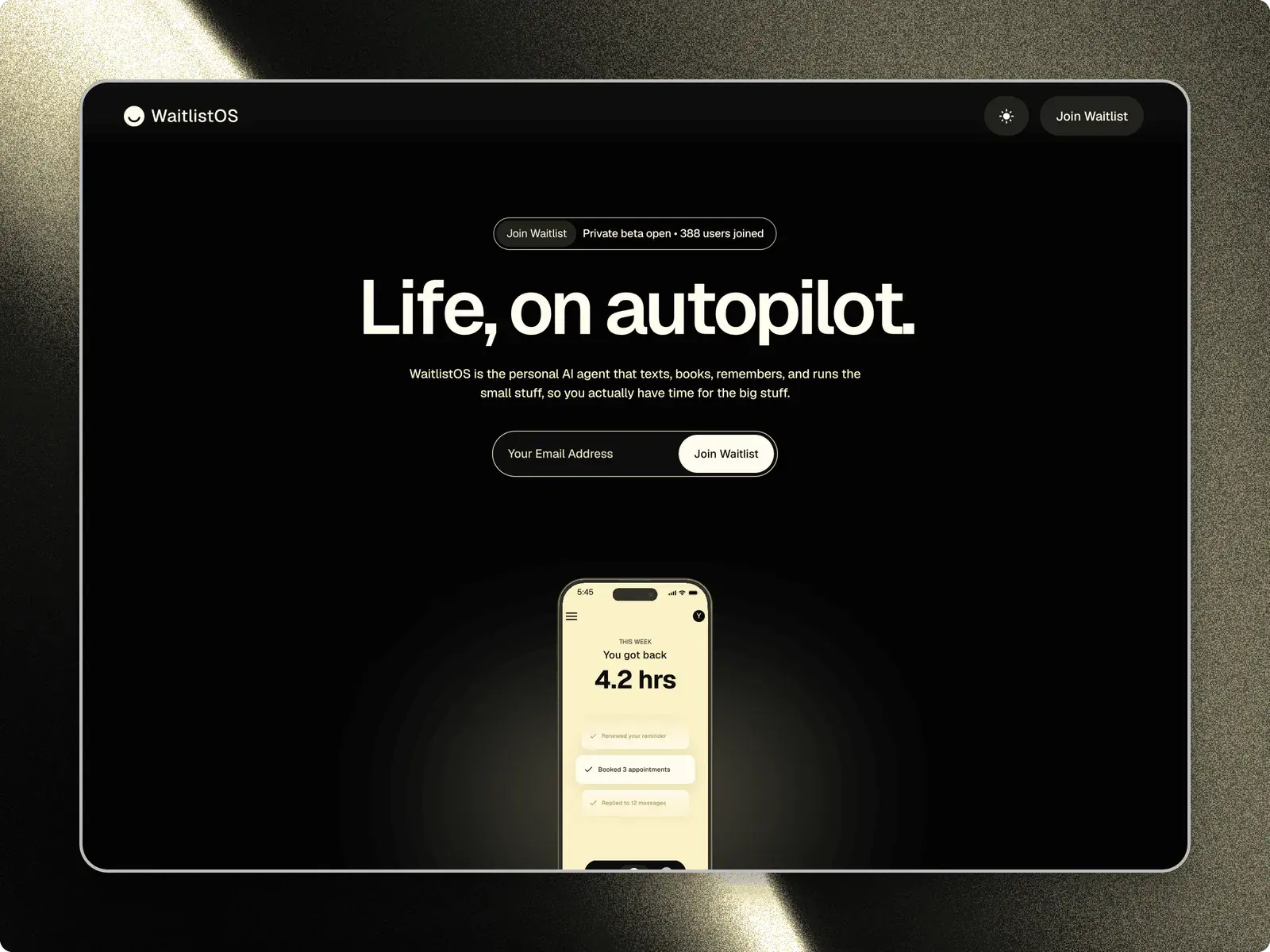 The WaitlistOS home page in a browser window: life, on autopilot