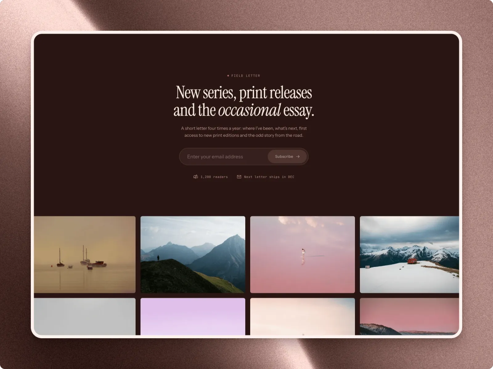 The Elias Vane newsletter section on espresso brown, above a grid of landscape photographs
