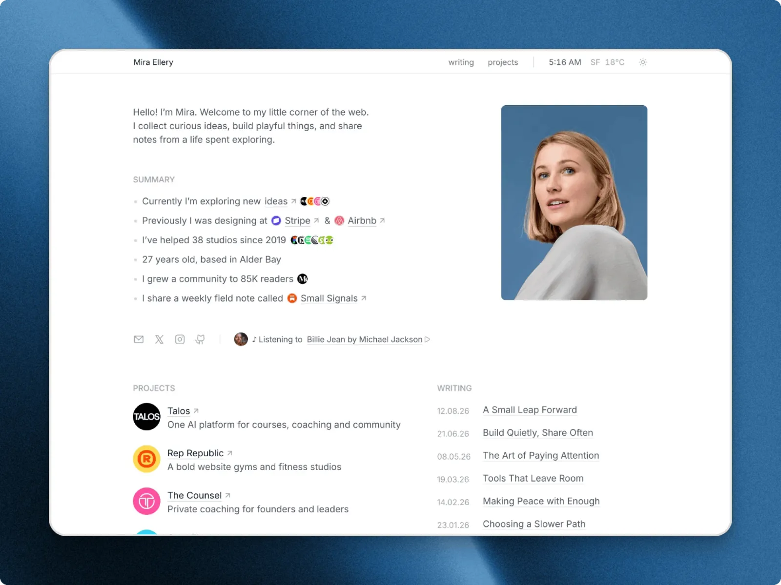The Ellery home page in a browser window: Mira Ellery's intro, summary and portrait above Projects and Writing