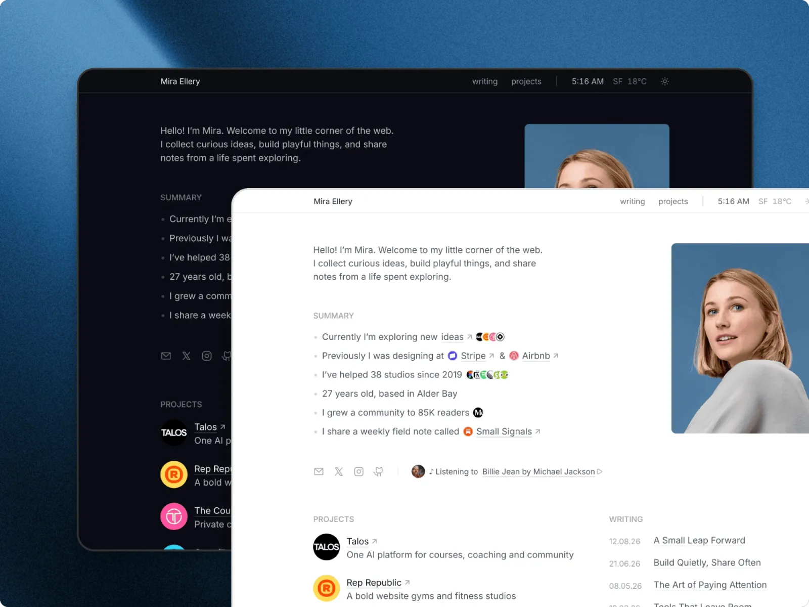 The Ellery home page in dark mode behind the same page in light mode