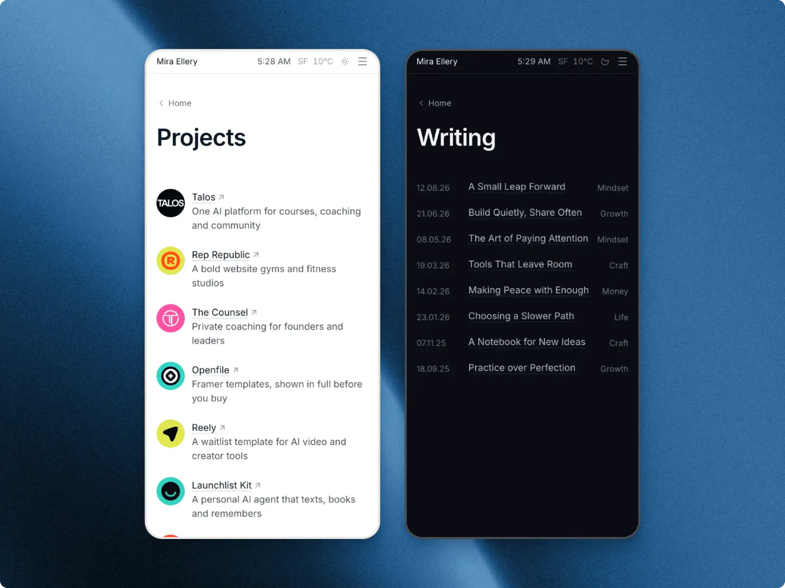 Ellery on two phones: the Projects list in light mode beside the Writing list in dark mode