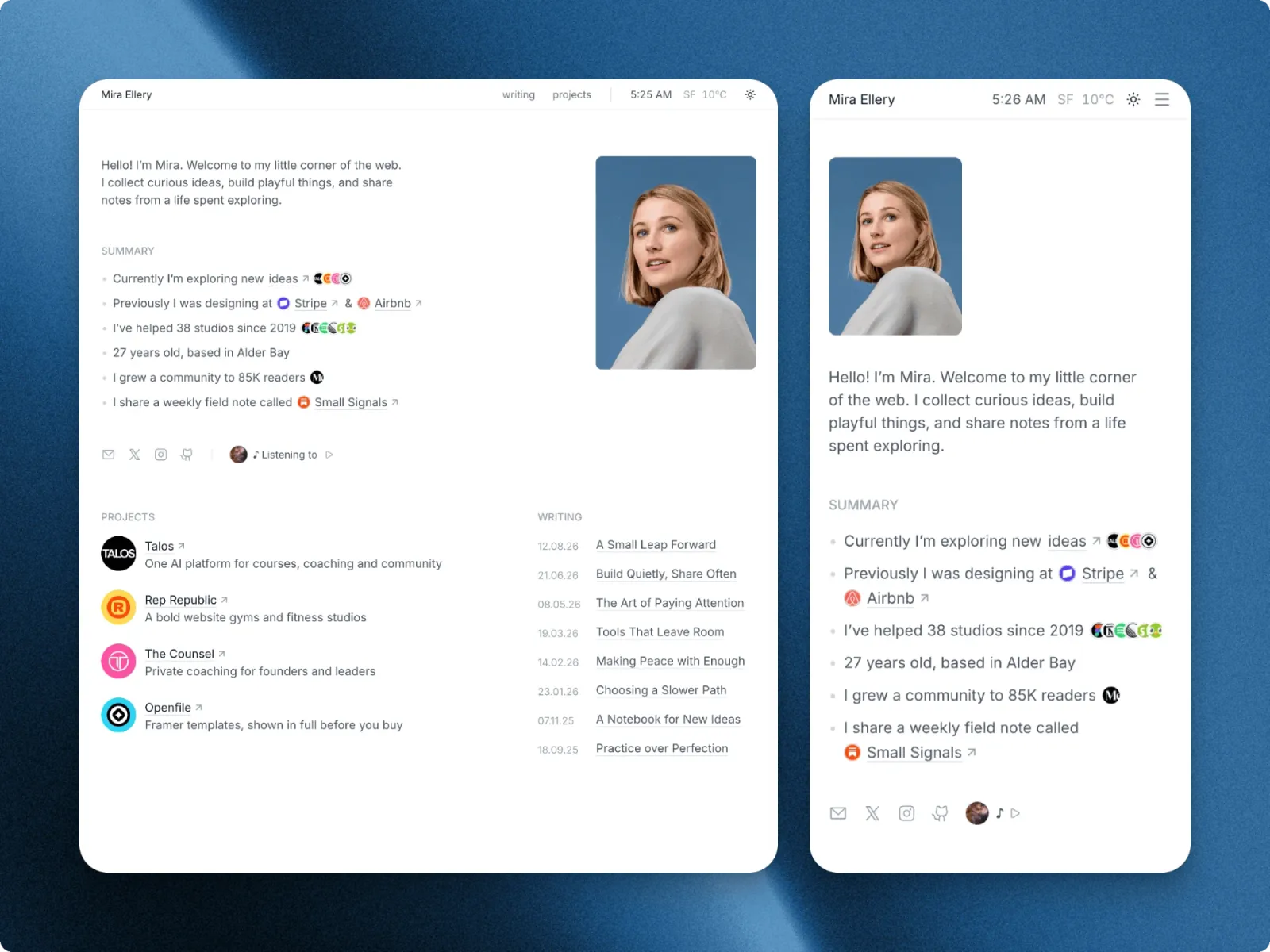 The Ellery home page on a laptop and a phone, the portrait moving above the intro on the narrow screen