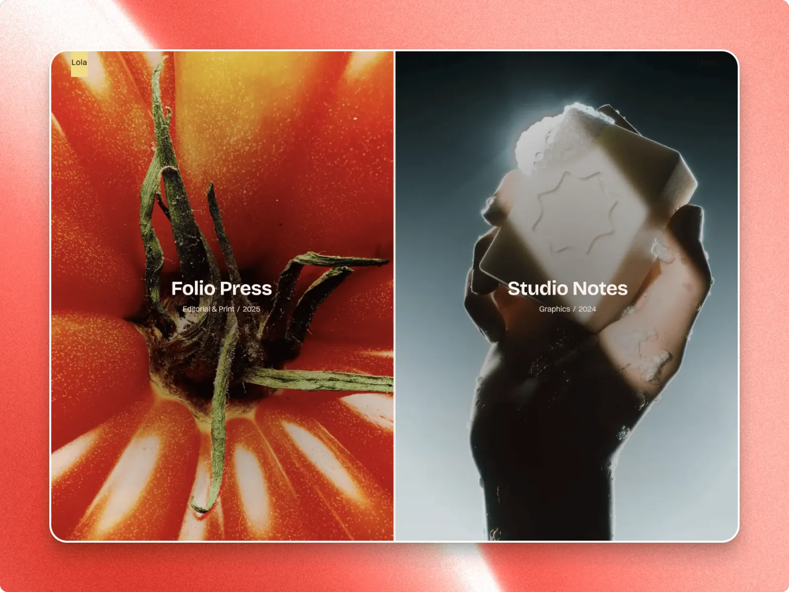 Two Lola project cards side by side, Folio Press and Studio Notes, each over its own photograph