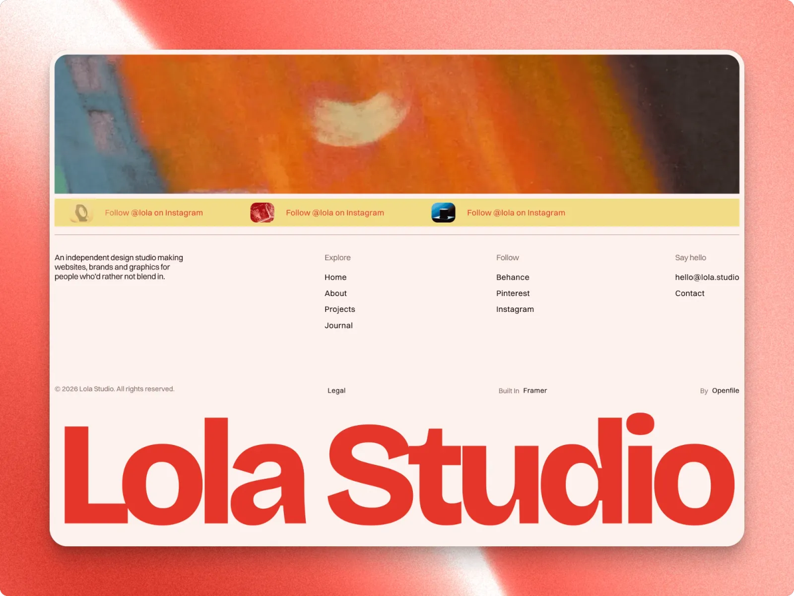 The Lola footer: a ticker of Instagram cards, its links and the studio's name in red across the foot
