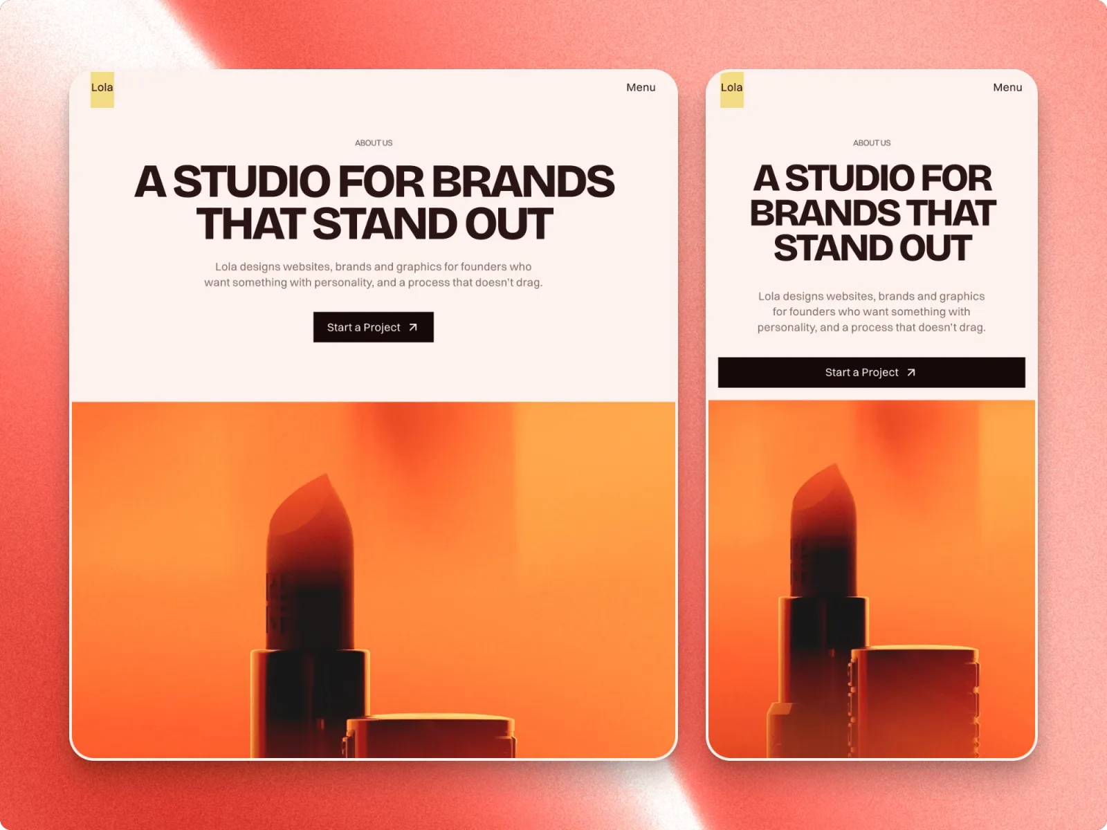 The Lola about page on a tablet and a phone: a studio for brands that stand out