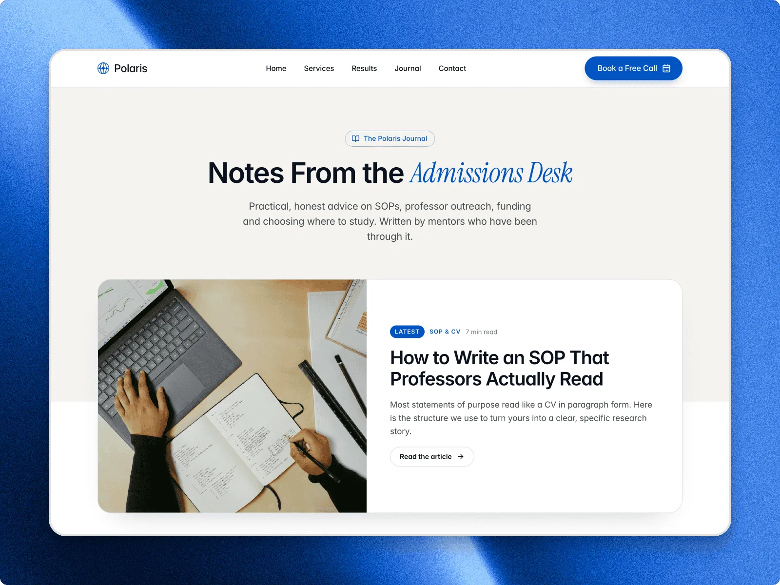 The Polaris Journal in a browser window: "Notes From the Admissions Desk" above the latest article, on writing an SOP