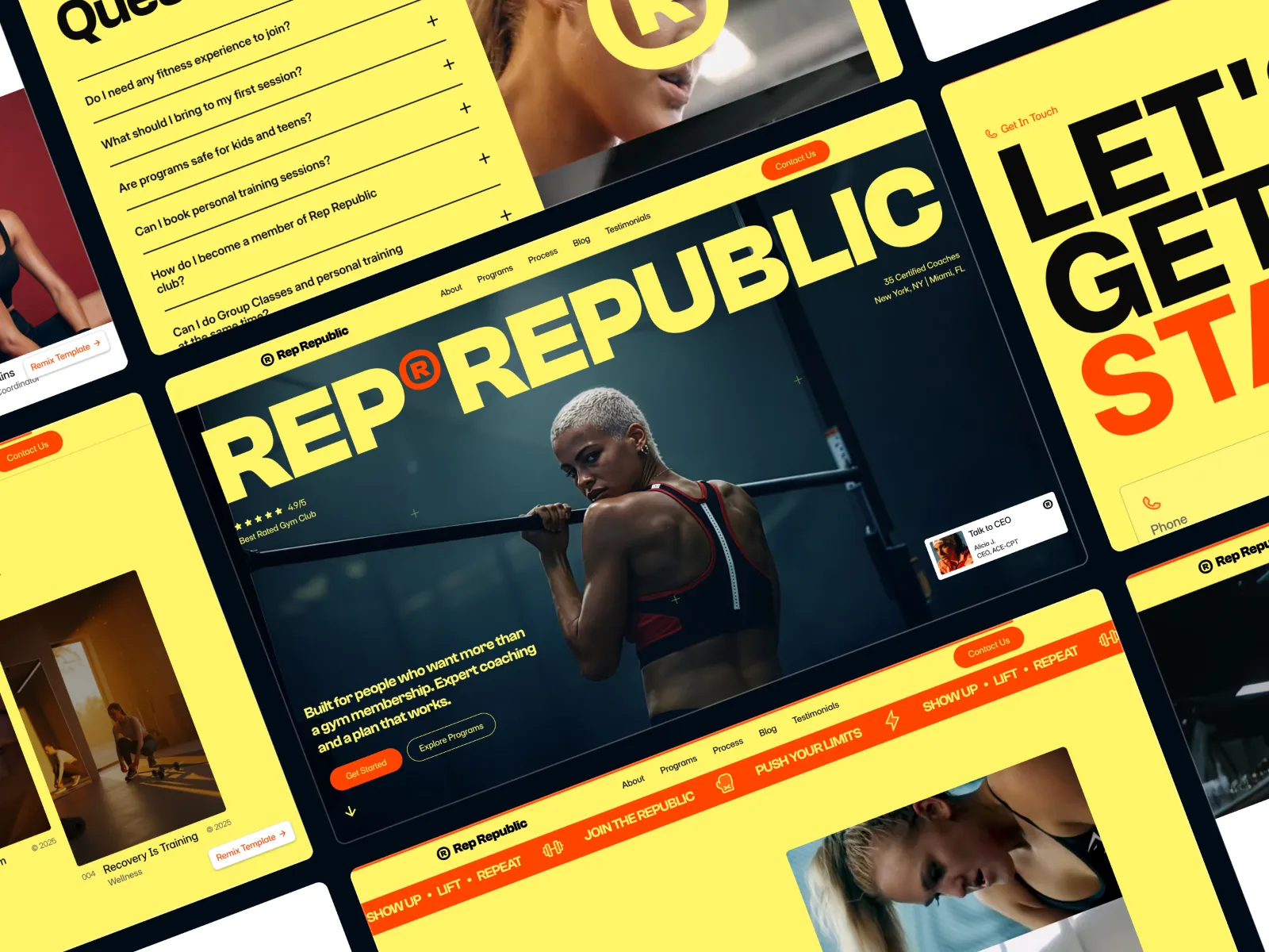 Páginas de Rep Republic en un collage inclinado en amarillo, naranja y negro