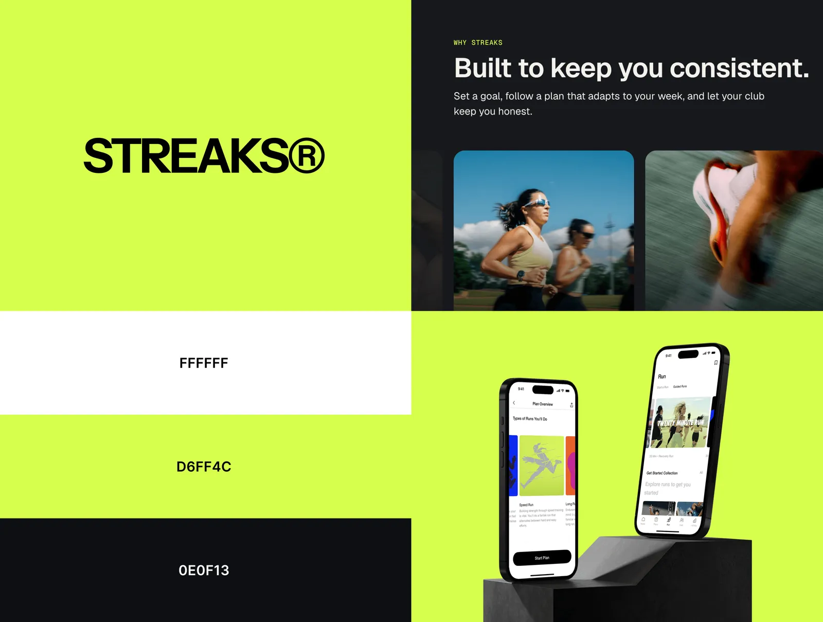 Hoja de marca de Streaks: el logotipo, muestras de color y pantallas de móvil