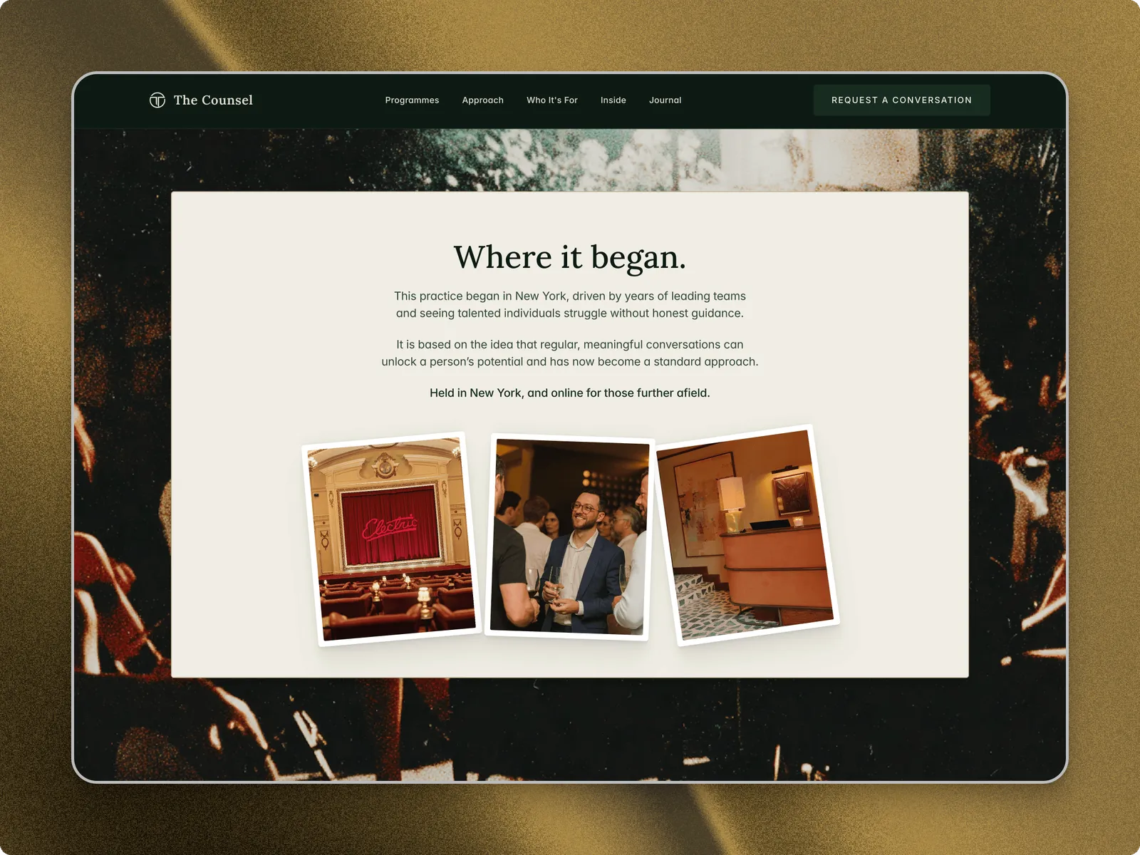 La página de enfoque de The Counsel: «where it began»